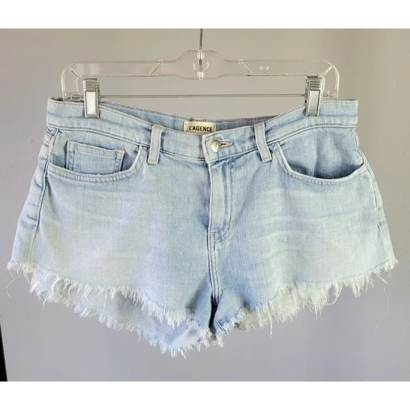 L'AGENCE // zoe perfect fit light blue denim wash cut off shorts in powder